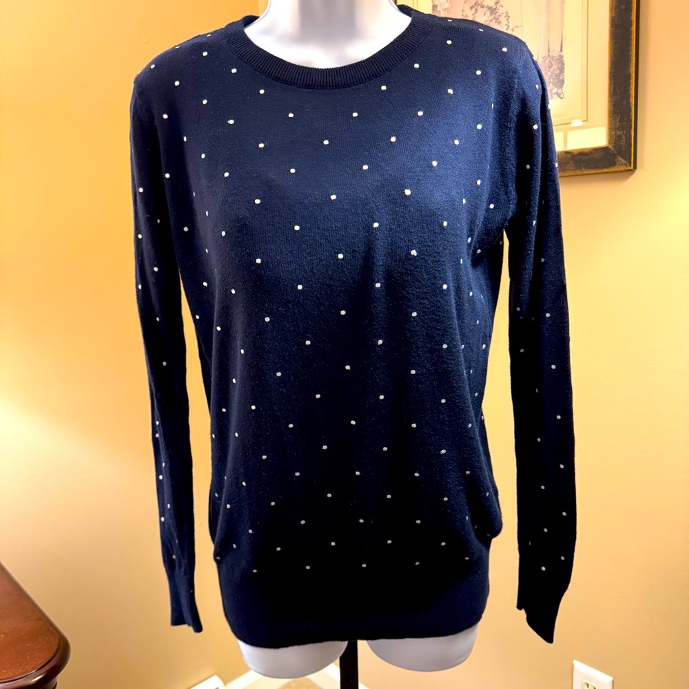Navy fine knit lightweight navy sweater with silver embroidered polka dots. Sz S